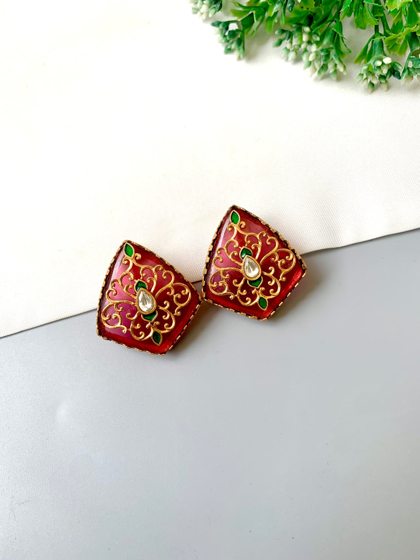 Hand-crafted ruby meena square studs with kundan drop, gold plating — Zamal Jewels Pakistan
