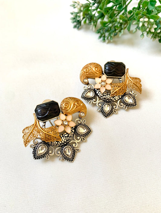 Jesiya Meena Studs with carved black onyx, Polki Kundan drops and 22k gold plus oxidized rhodium — Zamal Jewels