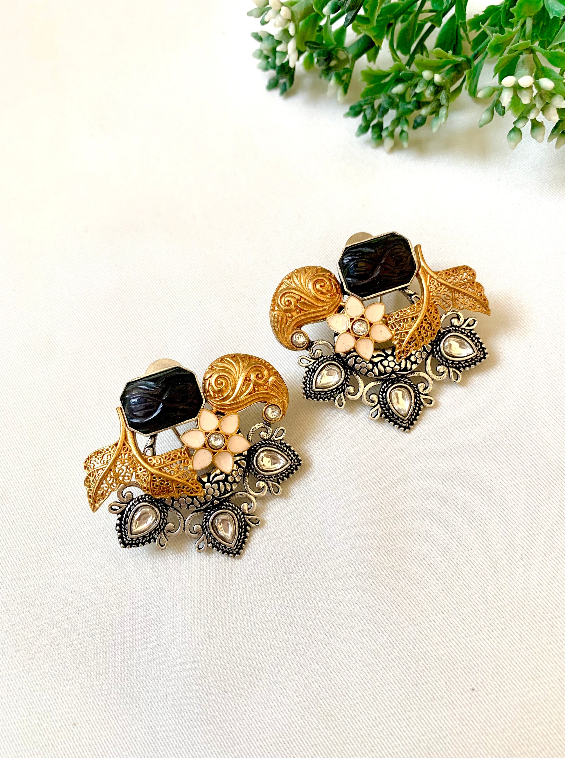 Side view of Jesiya black onyx statement studs in 22k gold plating with oxidized beadwork — Zamal Jewels