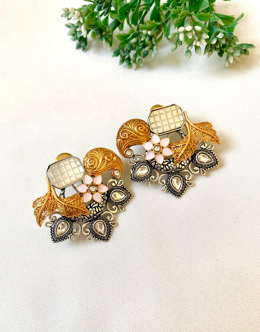 Jesiya Meena Studs with carved mother of pearl, Polki Kundan drops and 22k gold plus oxidized rhodium — Zamal Jewels