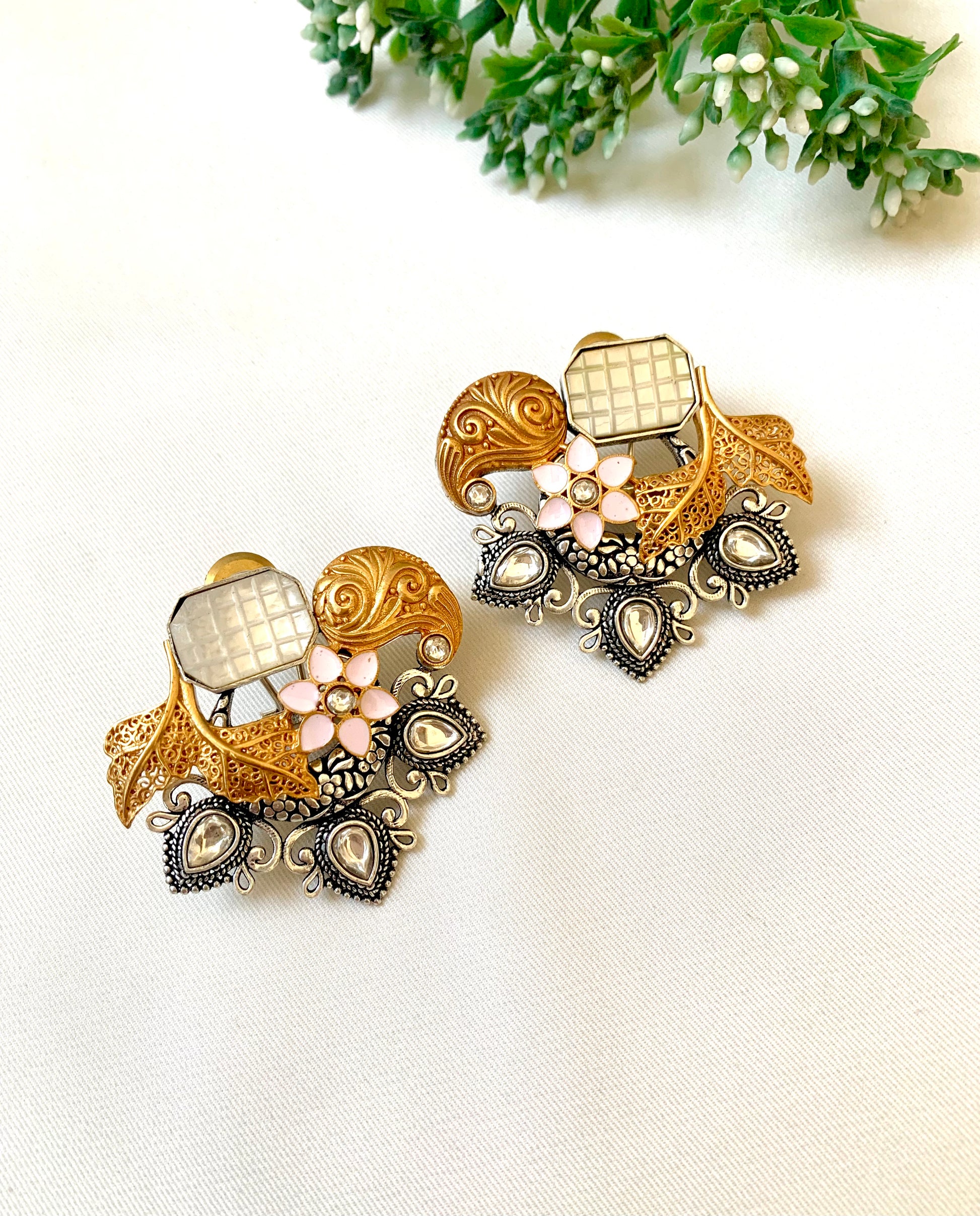 Side view of Jesiya Mother of Pearl centre with 22k gold plating and oxidized beadwork border — Zamal Jewels