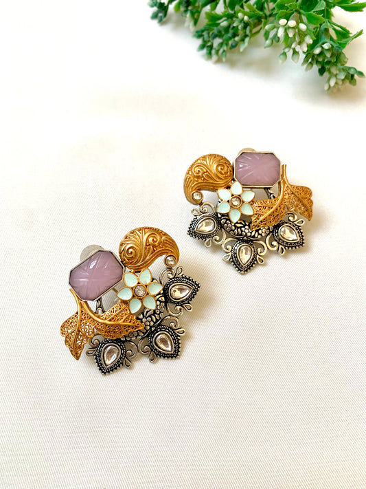 Jesiya Meena Studs in pink fluorite with Polki Kundan teardrops, 22kt gold and oxidized rhodium — Zamal Jewels