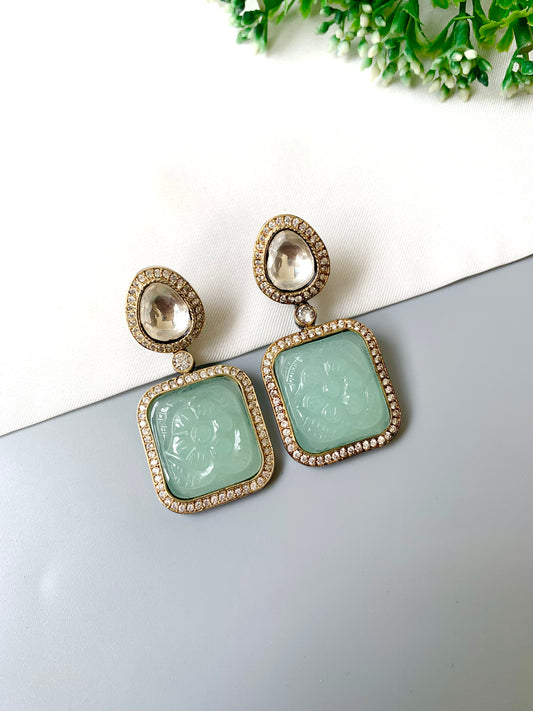Hand-crafted mint onyx carved drop earrings with Polki Kundan top and AD halo in oxidized gold and rhodium — Zamal Jewels