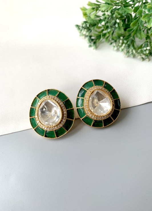 Hand-crafted emerald Polki Kundan halo studs with 22kt gold plating and American Diamonds — Zamal Jewels
