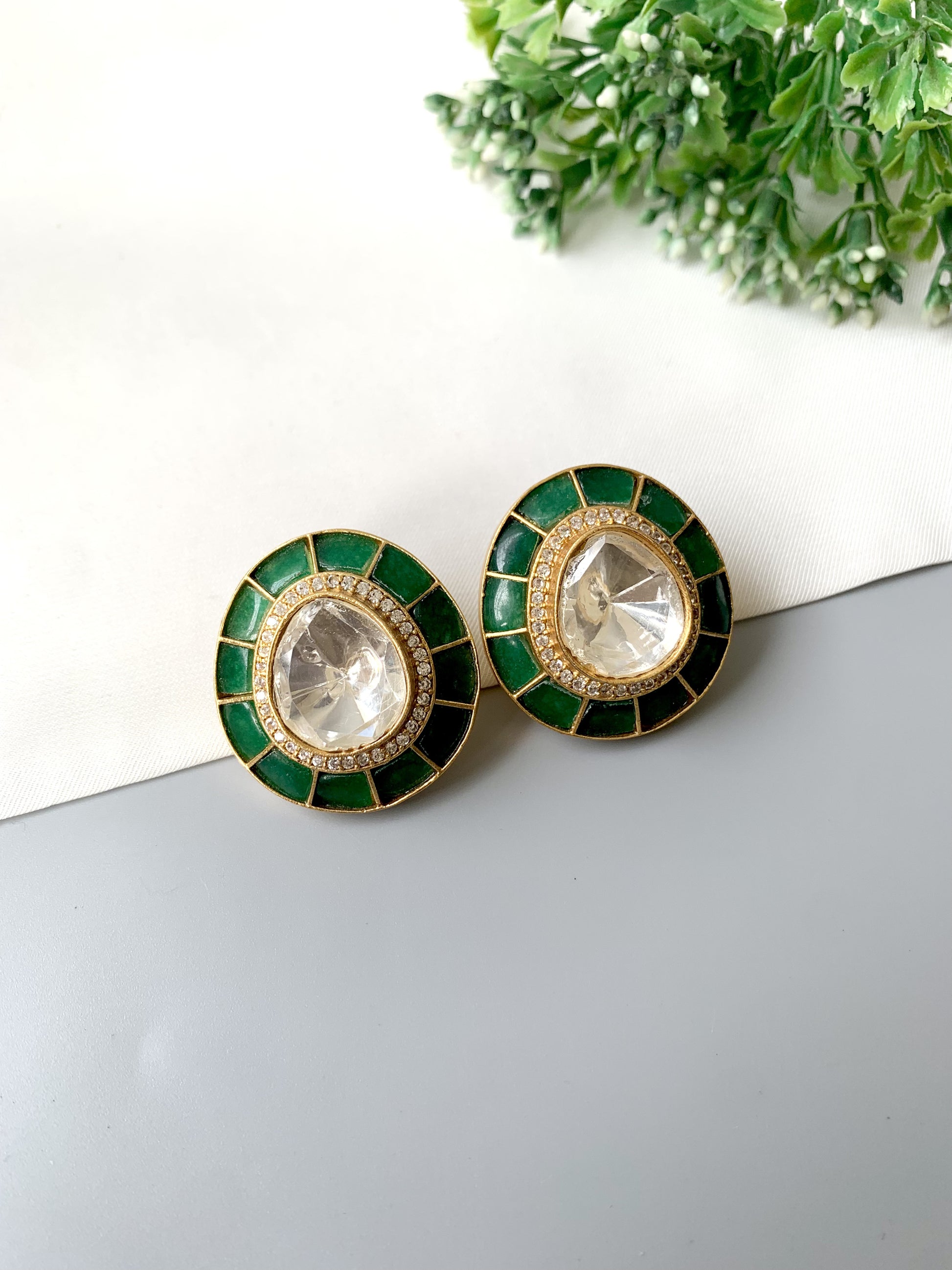 Emerald halo Polki Kundan stud earrings, double pavé ring, 22kt gold plated — Zamal Jewels Pakistan