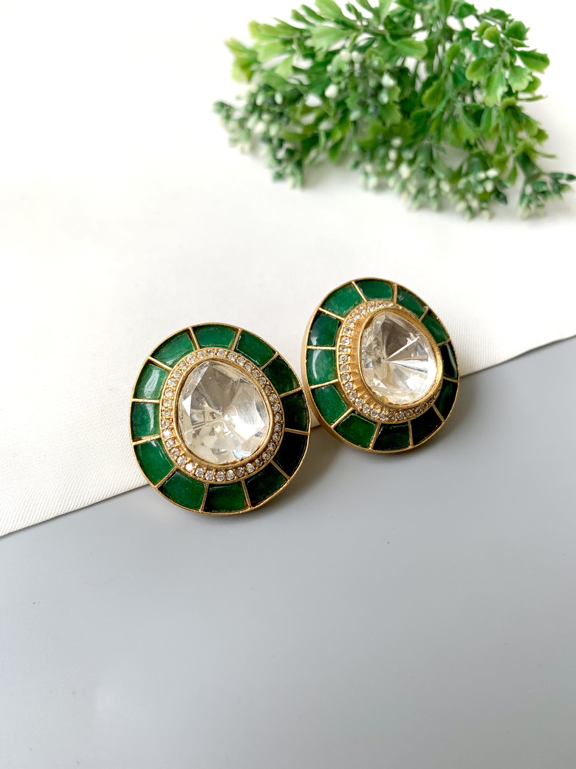 Statement emerald Polki Kundan stud earrings in 22kt gold plating, handcrafted — Zamal Jewels
