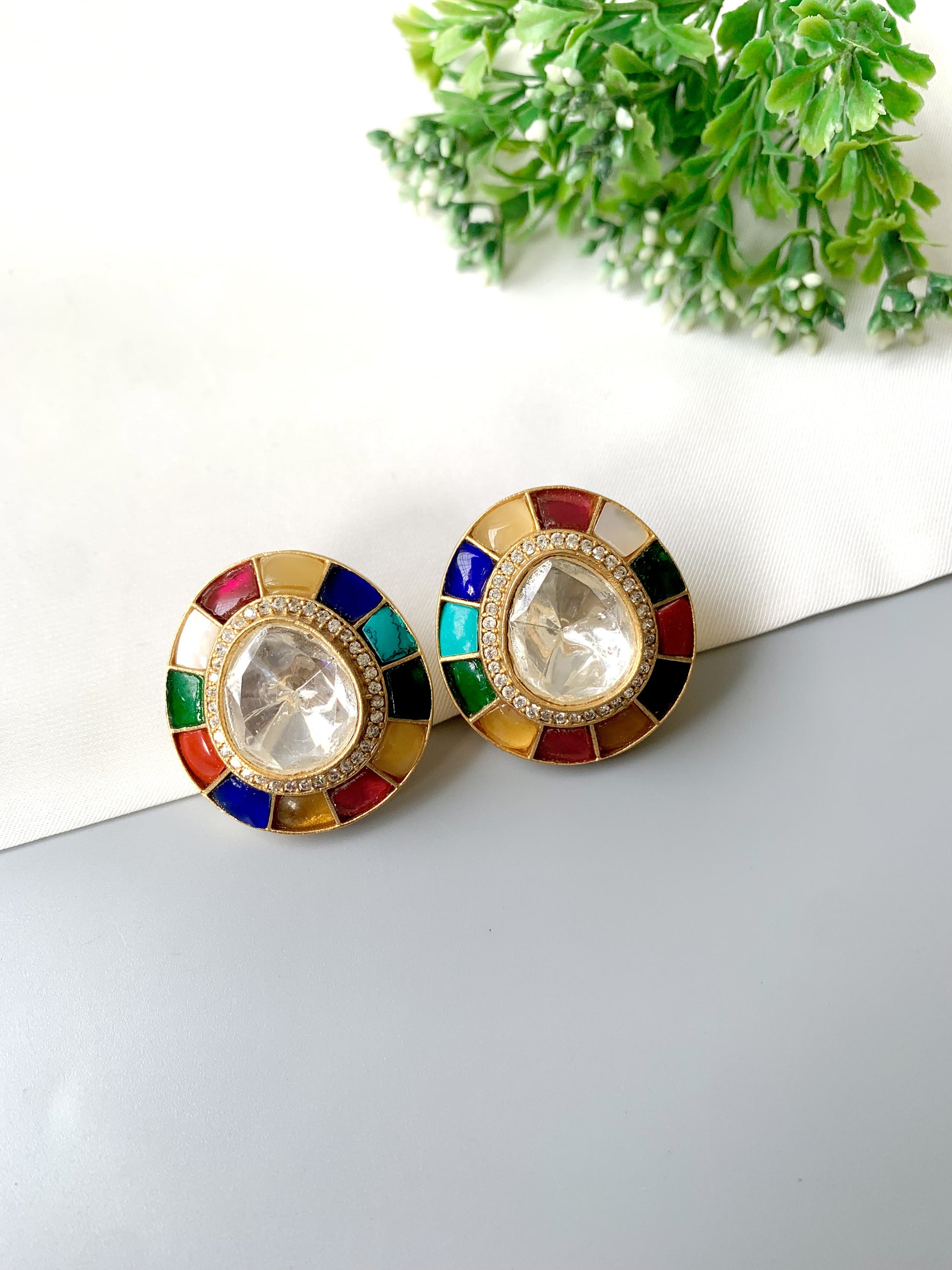 Hand-crafted multi-color Polki Kundan halo studs with 22kt gold plating and American Diamonds — Zamal Jewels