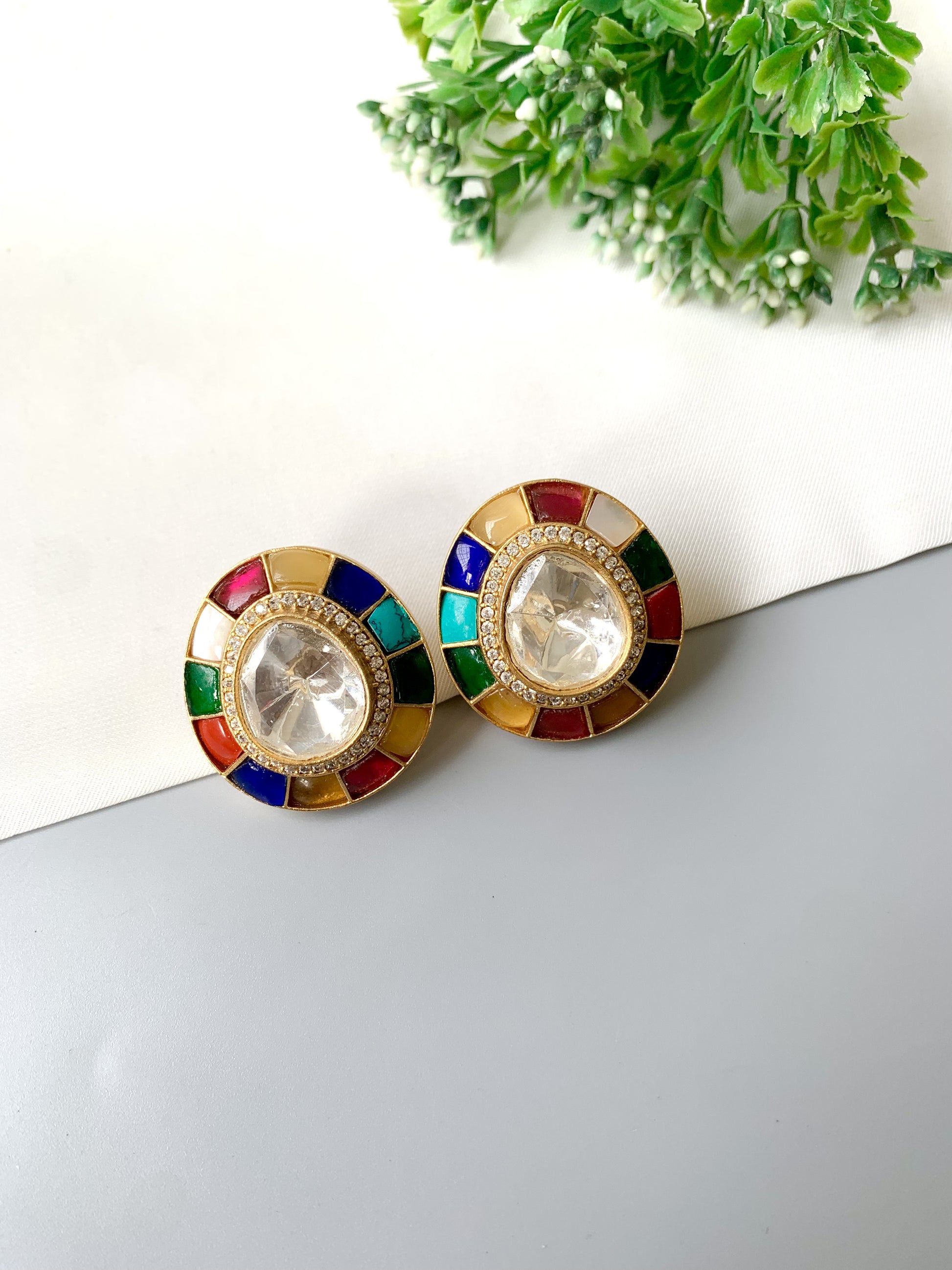 Polki Kundan stud earrings with AD pavé and ruby, emerald, sapphire, coral, feroza halo tiles — Zamal Jewels Pakistan