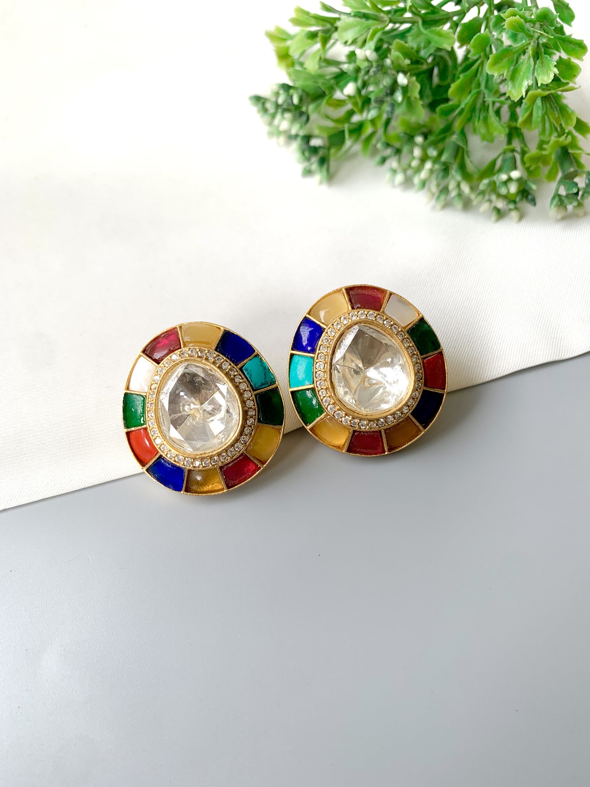 Close-up of multi-color halo Polki Kundan studs, double pavé ring, 22kt gold plated — Zamal Jewels