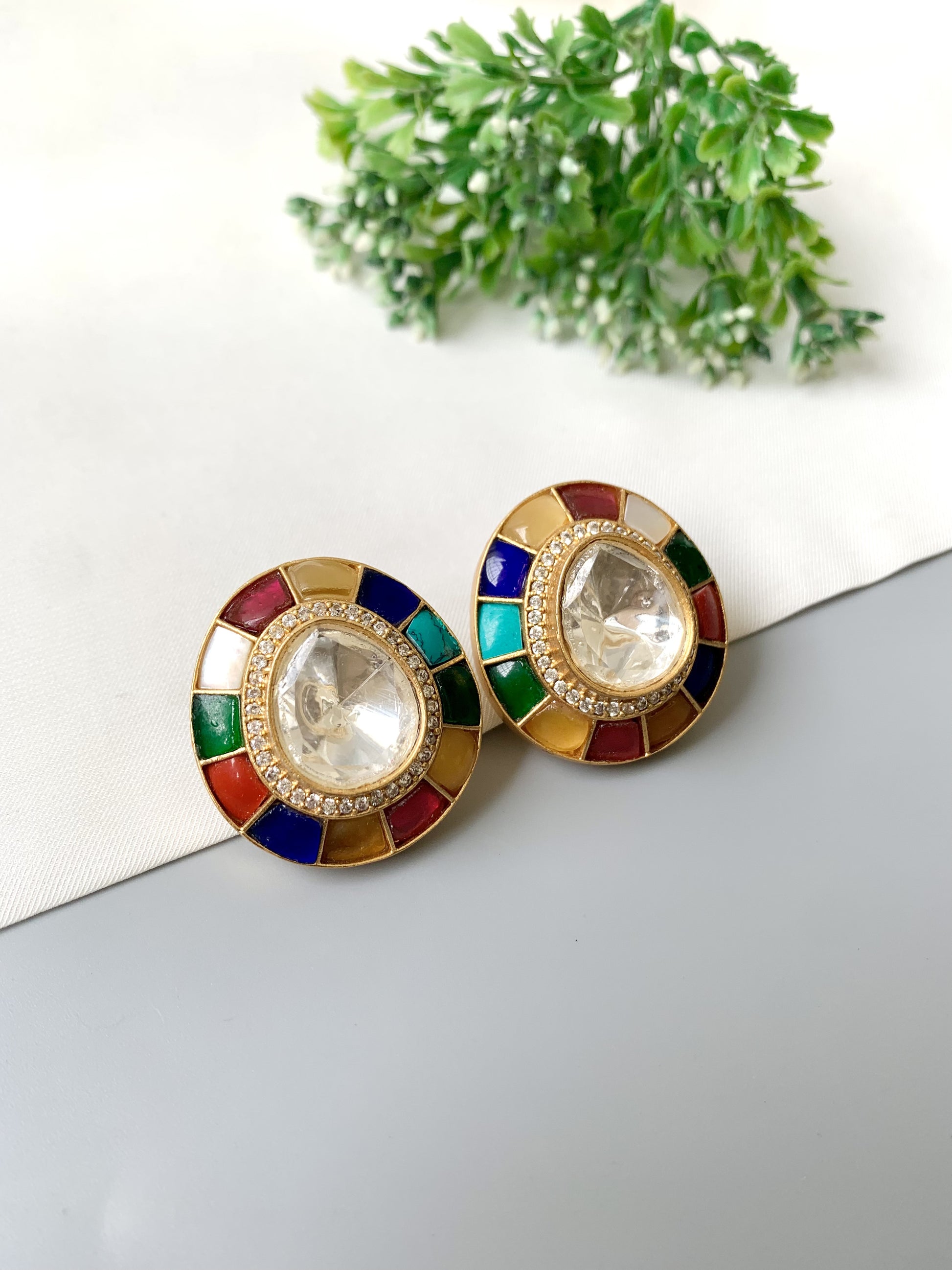 Statement Polki Kundan multi halo stud earrings in 22kt gold finish, handcrafted — Zamal Jewels