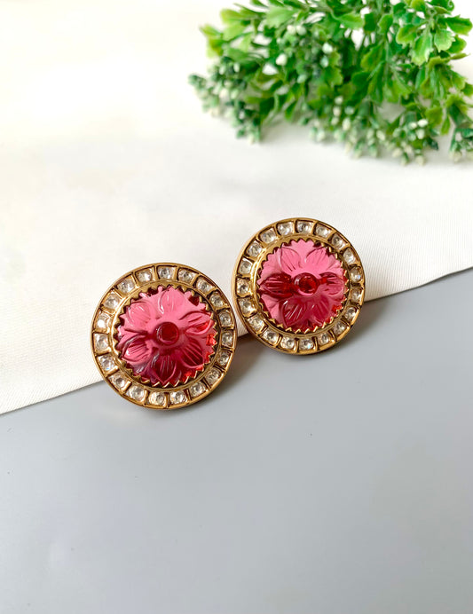 Hand-crafted round studs with hand-carved ruby floral center and Polki Kundan halo in 22kt gold — Zamal Jewels