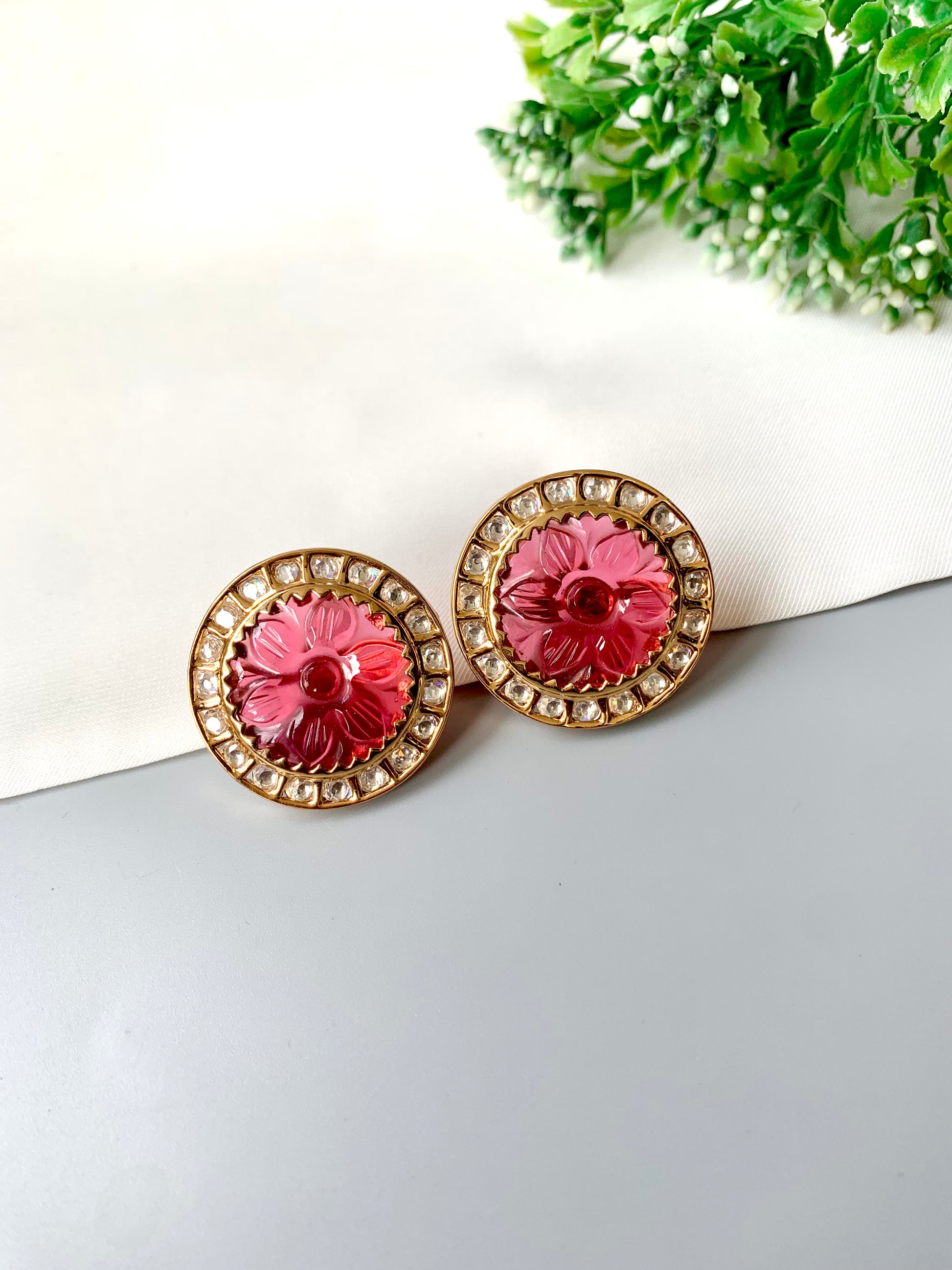 Statement ruby and Polki round studs, handcrafted with 22kt gold plating — Zamal Jewels