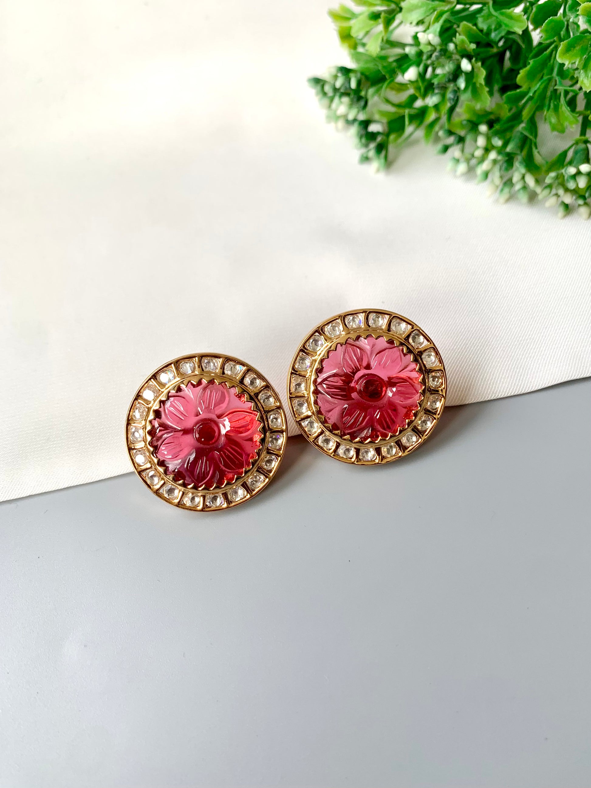 Carved ruby flower stud earrings with Polki halo, 22k gold plated — Zamal Jewels Pakistan