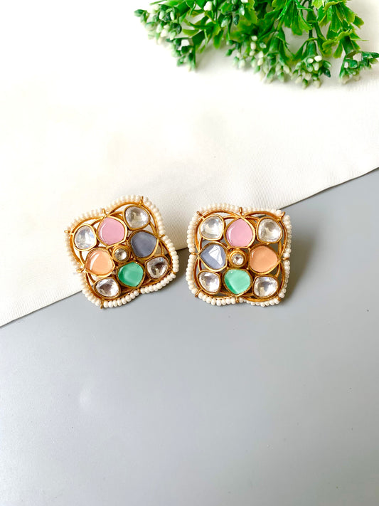 Hand-crafted Polki Kundan and Mother of Pearl petal studs with pastel onyx accents and pearl rim in 22kt gold — Zamal Jewels