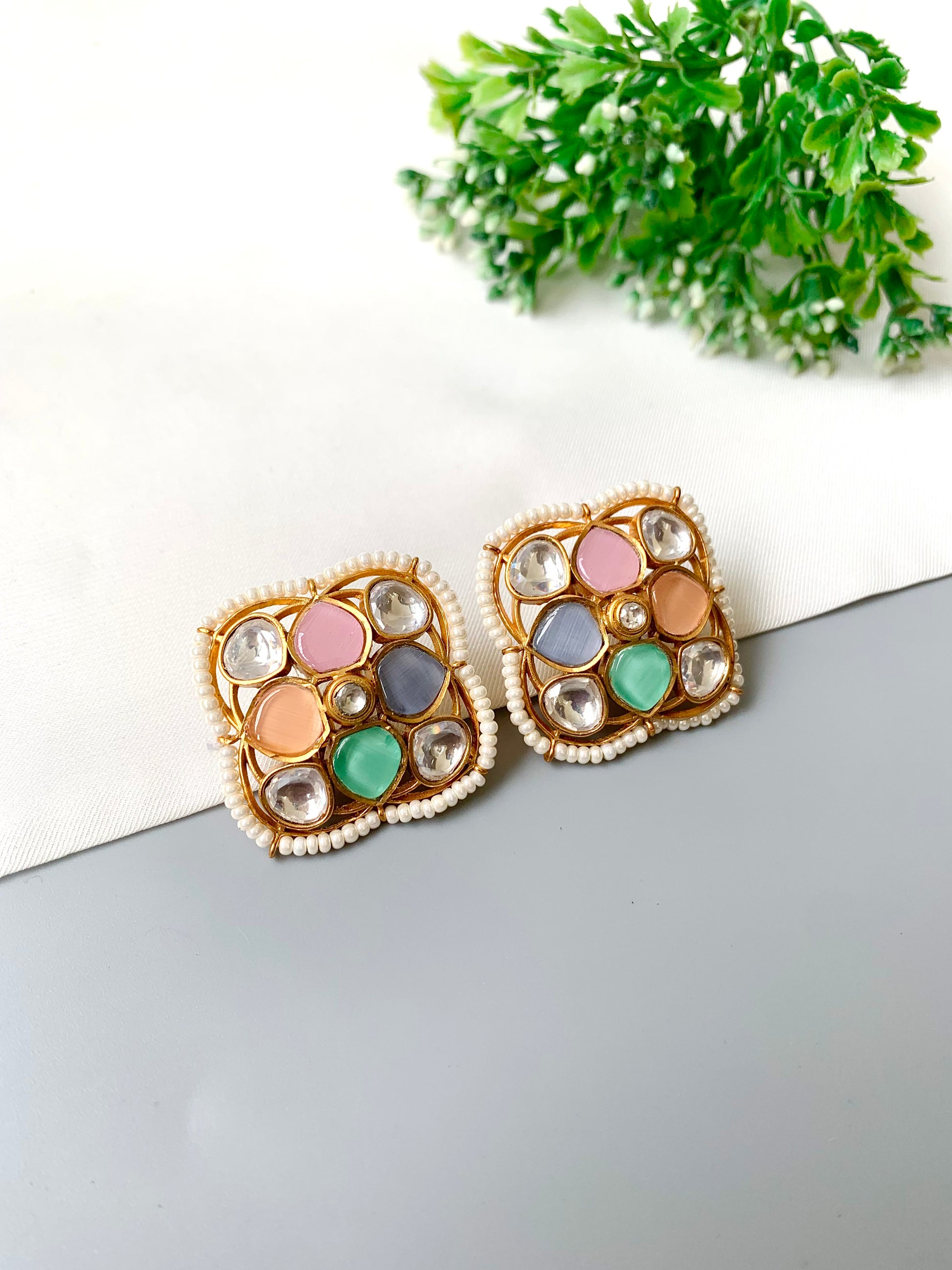 Multi-color MOP and onyx floral stud earrings with Polki center, pearl border, 22k gold plated — Zamal Jewels Pakistan