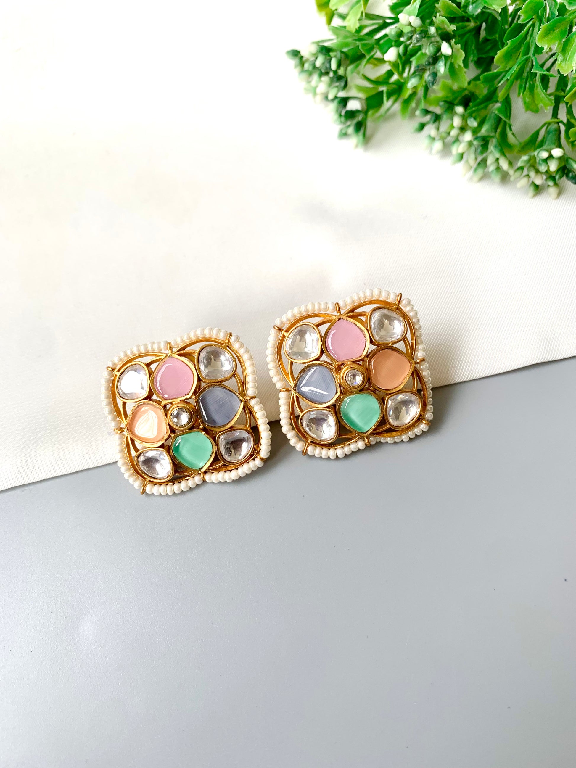 Close-up of Sadaf Polki Petal Studs (Multi) showing pastel onyx, MOP petals and gold kundan work — Zamal Jewels