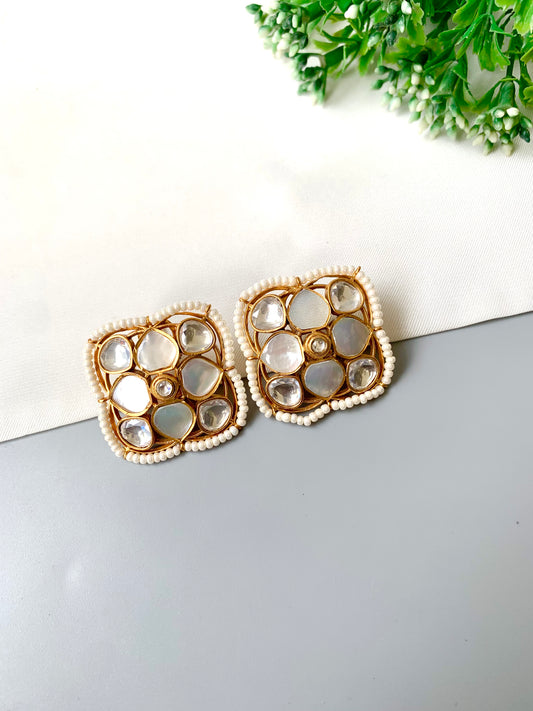 Hand-crafted Polki Kundan and Mother of Pearl petal mosaic studs with pearl rim and 22kt gold plating — Zamal Jewels