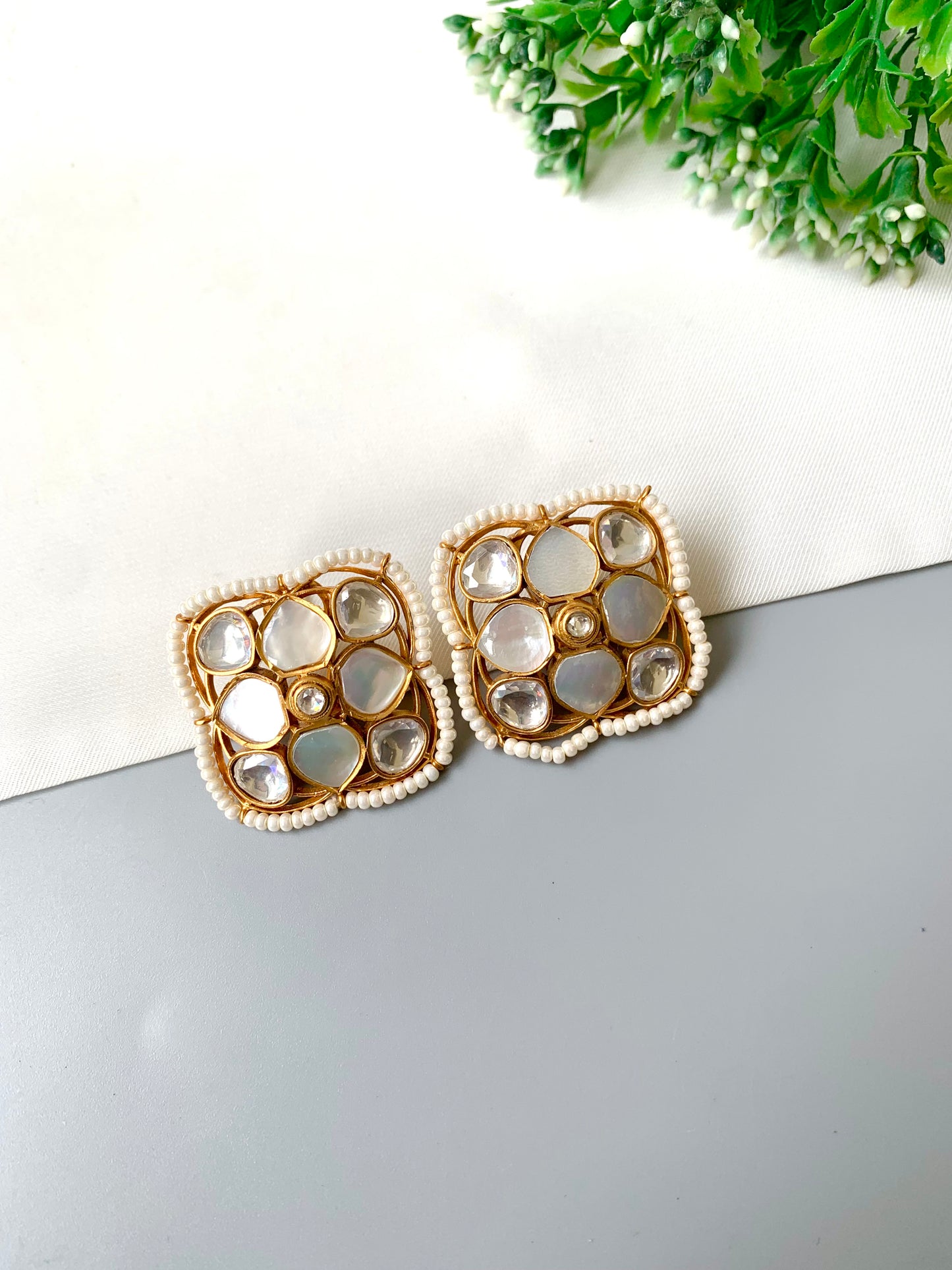 White Mother of Pearl floral stud earrings with Polki center and pearl border — Zamal Jewels Pakistan