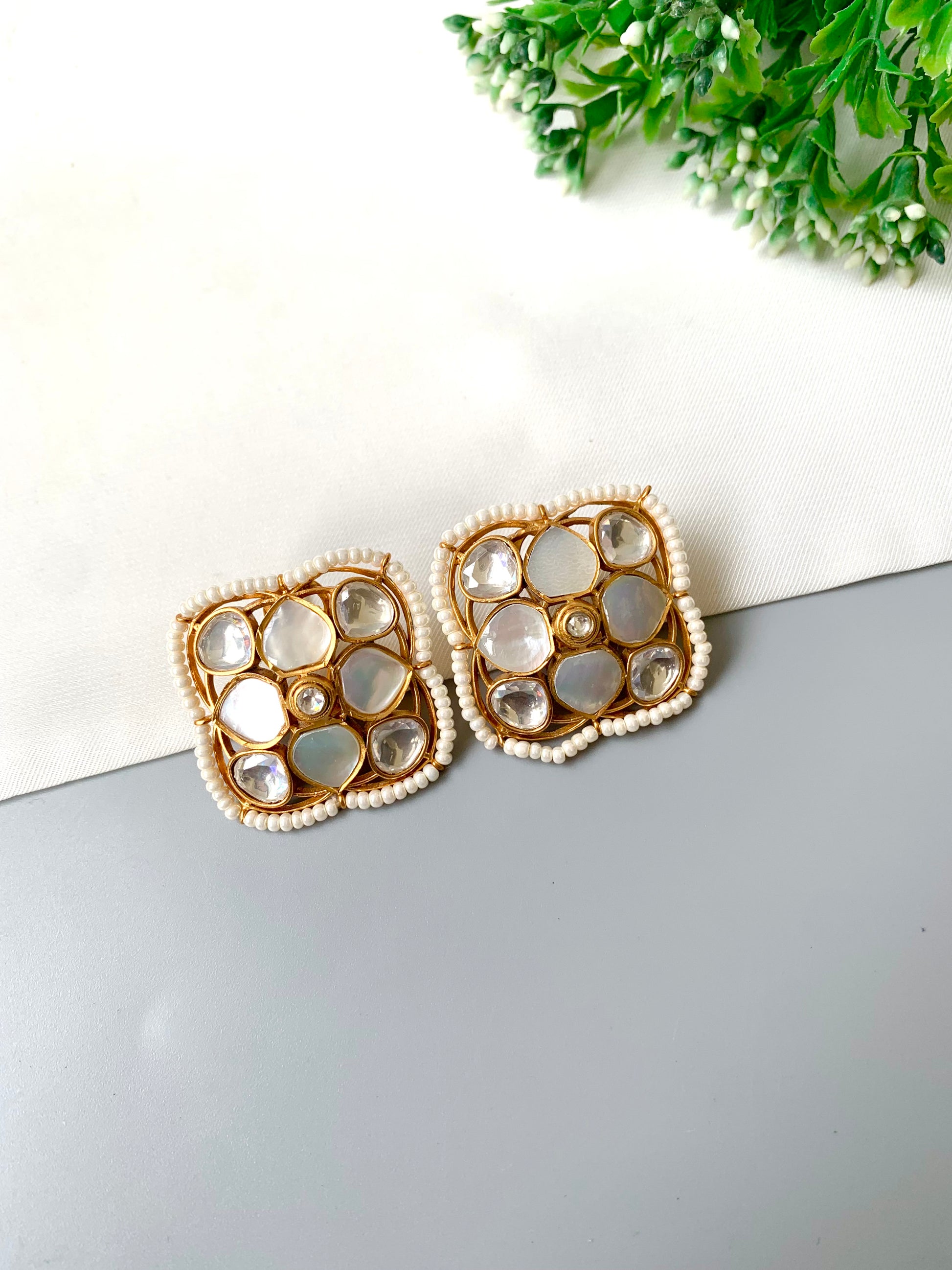 White Mother of Pearl floral stud earrings with Polki center and pearl border — Zamal Jewels Pakistan