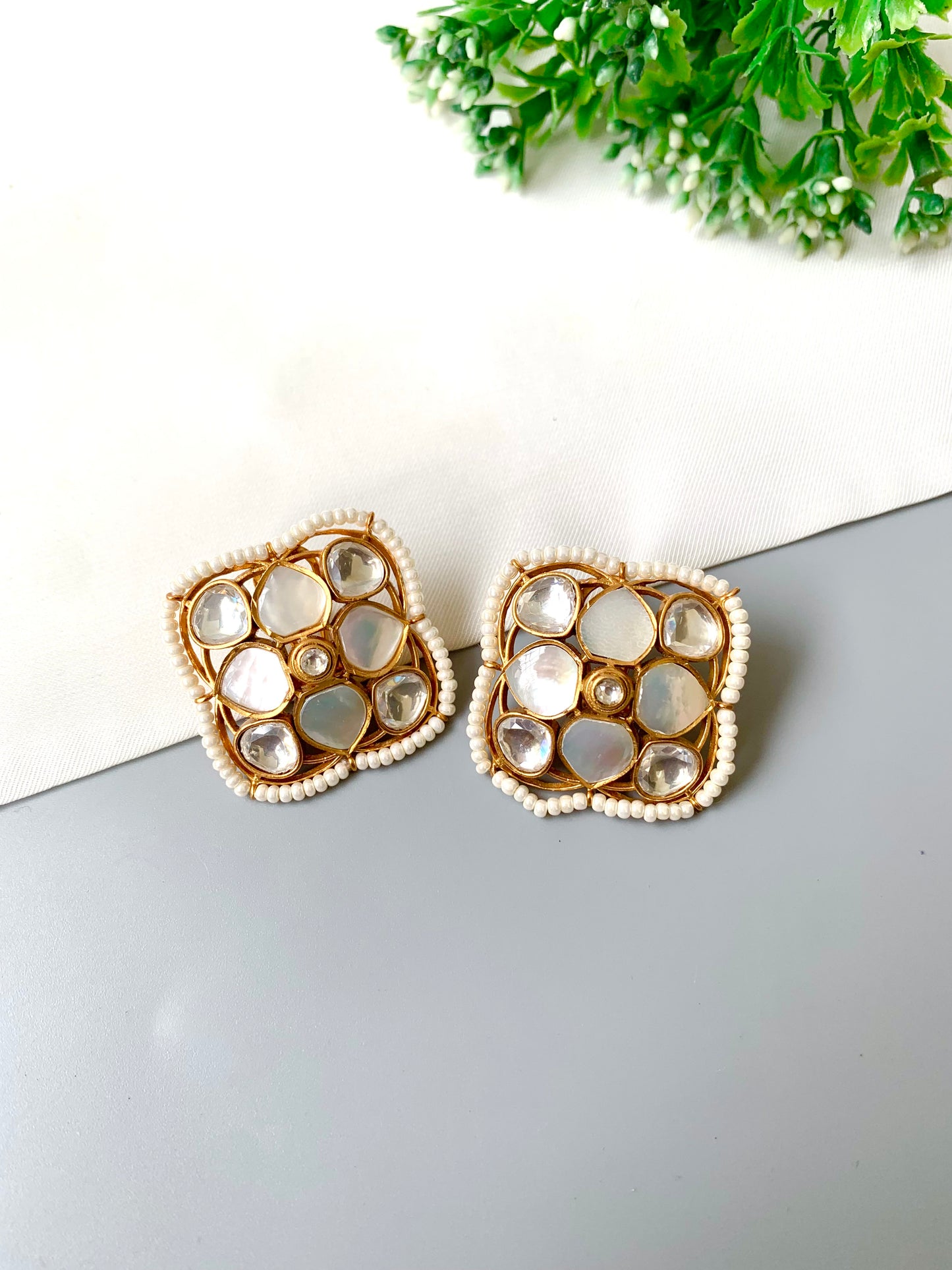 Close-up of Sadaf Polki Petal Studs showing kundan work and 22k gold finish — Zamal Jewels