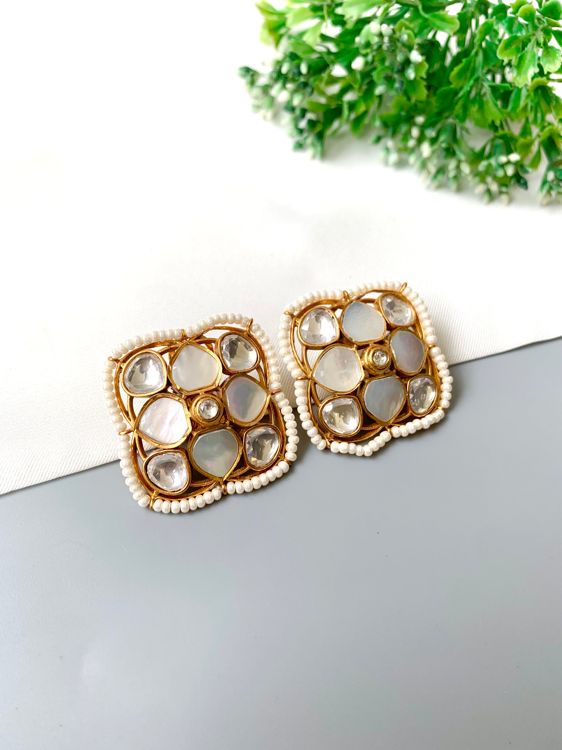 Statement square mother-of-pearl Polki studs with semi-precious pearls, 22k gold plated — Zamal Jewels