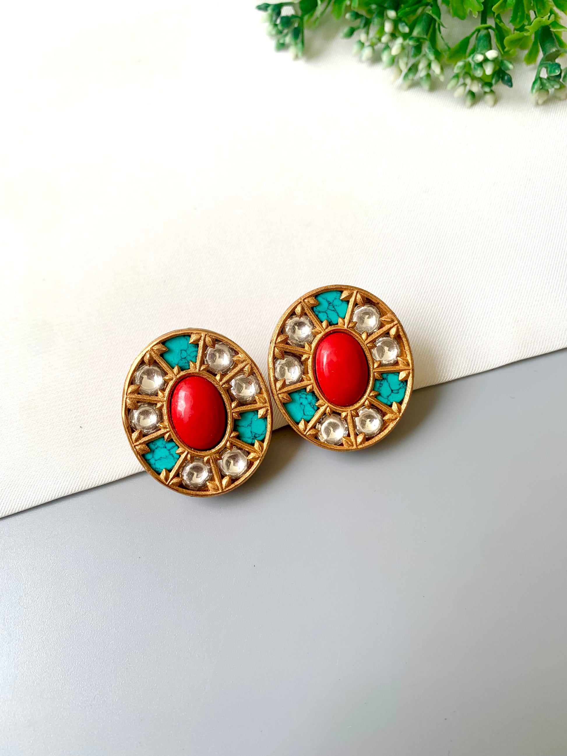 Coral and turquoise (feroza) moissanite stud earrings in antique 22k finish — Zamal Jewels Pakistan