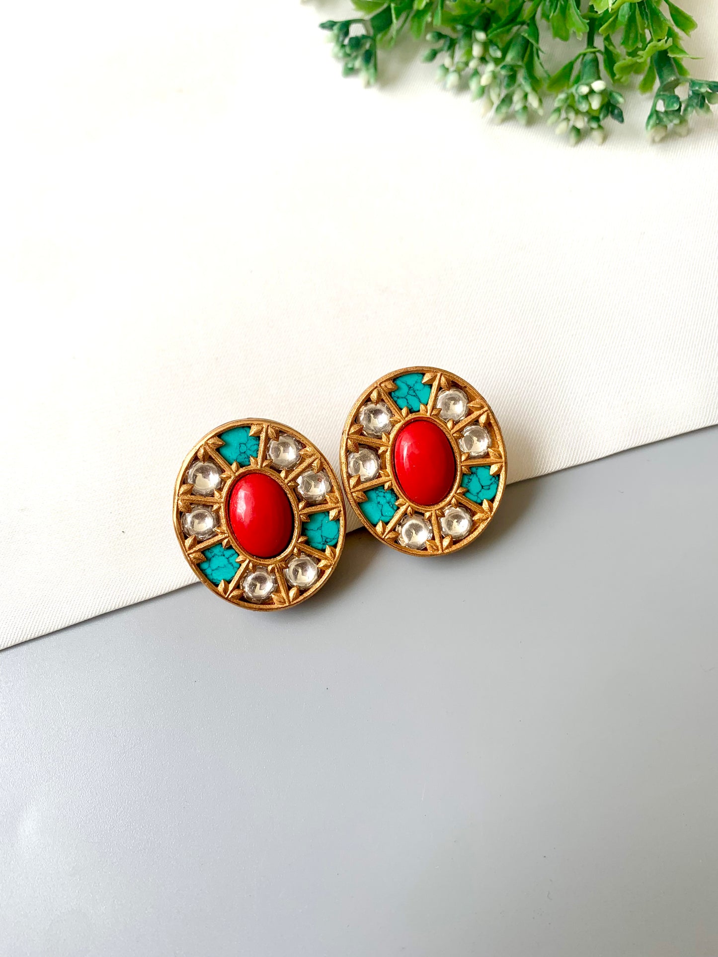 Close-up of Sehar Coral–Feroza Studs showing moissanite rounds and vintage dividers — Zamal Jewels