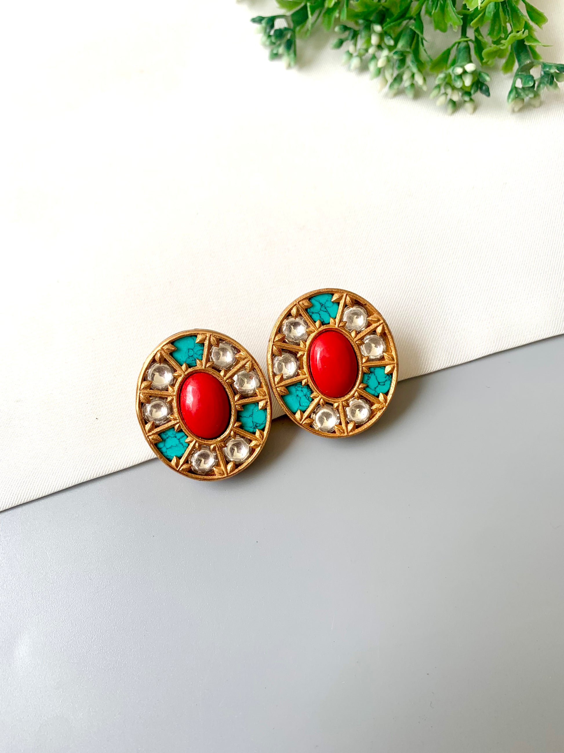 Close-up of Sehar Coral–Feroza Studs showing moissanite rounds and vintage dividers — Zamal Jewels