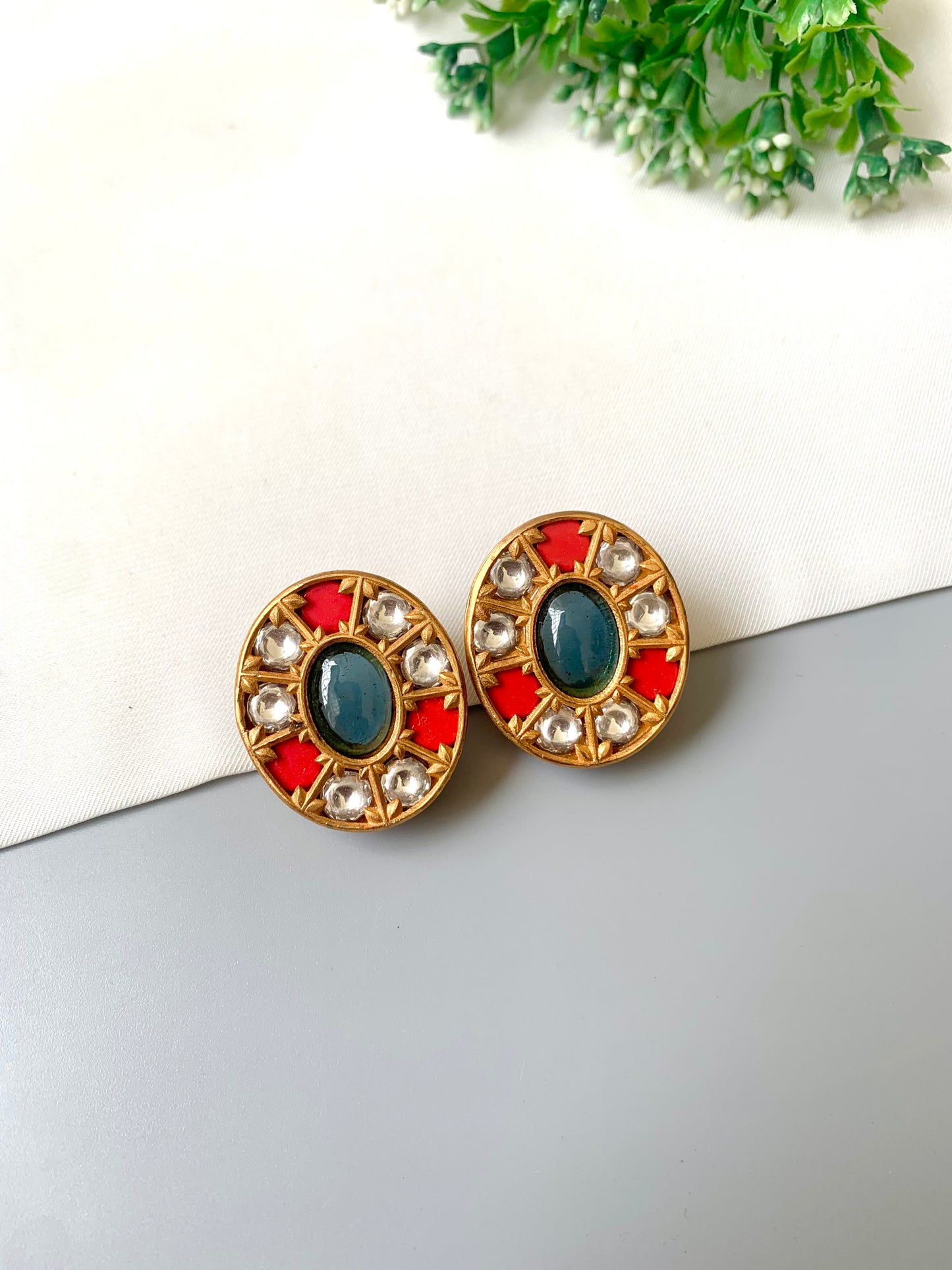 Sapphire and coral moissanite stud earrings in antique 22k finish — Zamal Jewels Pakistan