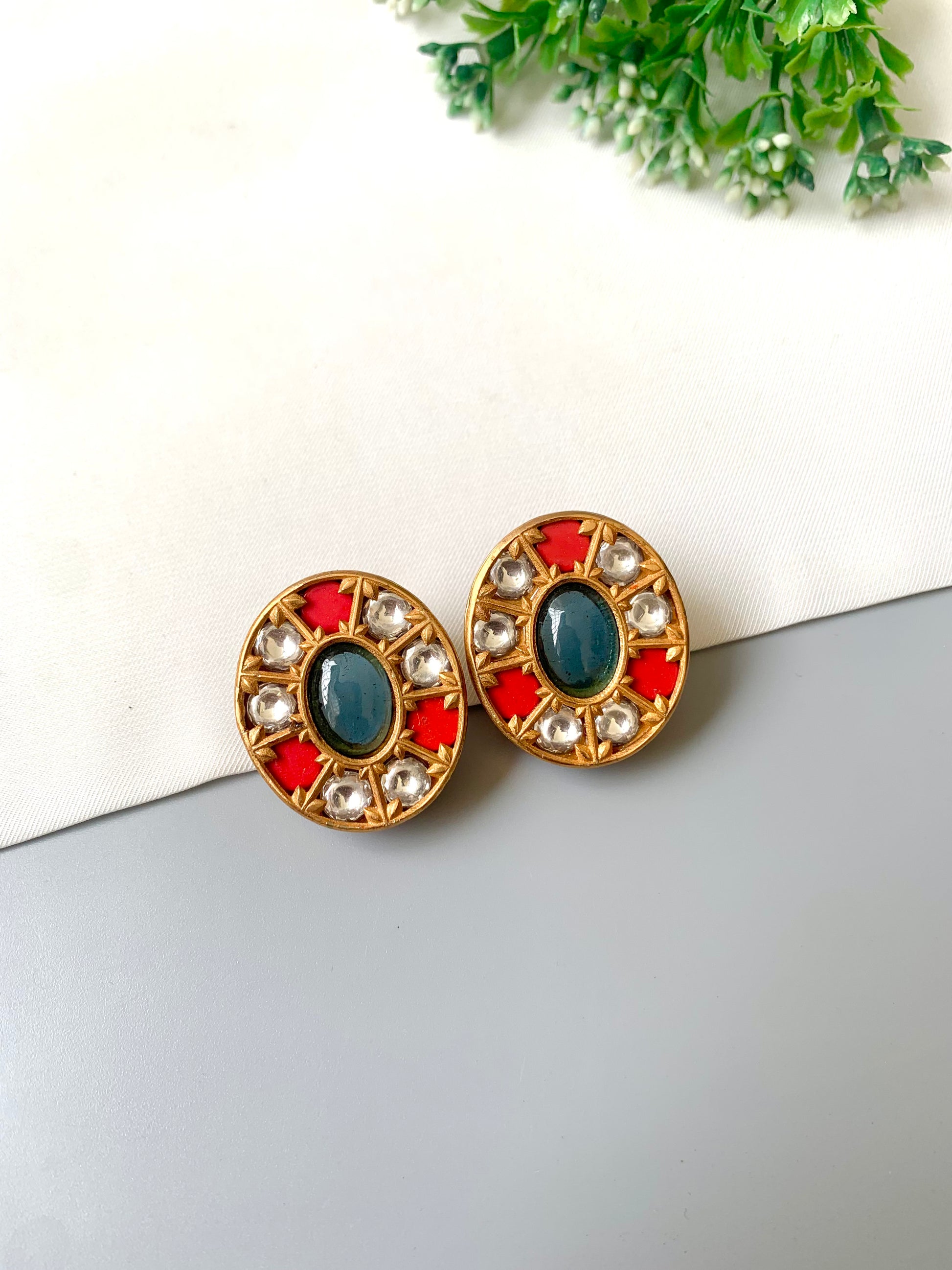 Sapphire and coral moissanite stud earrings in antique 22k finish — Zamal Jewels Pakistan