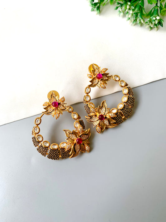 Hand-crafted 22k gold plated hoop earrings with ruby floral tops, Kundan halo and American Diamonds — Zamal Jewels