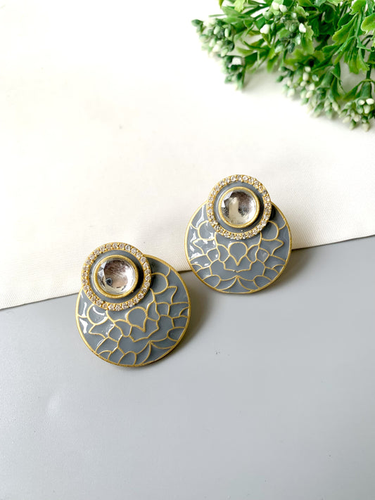 Aurevia Earrings by Zamal Jewels – handcrafted 22kt gold plated earrings with American Diamonds, Polki Kundan, and hand-painted Meena