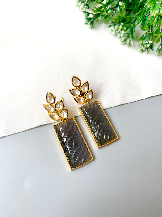 Kaelis Earrings by Zamal Jewels – handcrafted 22kt gold plated earrings with Polki Kundan and hand-carved rectangular onyx drops