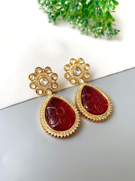 Liora Earrings by Zamal Jewels – handcrafted 22kt gold plated earrings with American Diamonds, Polki Kundan and hand-carved ruby drops