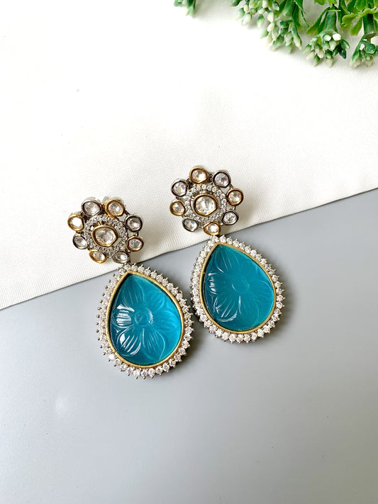 Liora Earrings by Zamal Jewels – handcrafted 22kt gold & rhodium plated earrings with American Diamonds, Polki Kundan and hand-carved Feroza drops