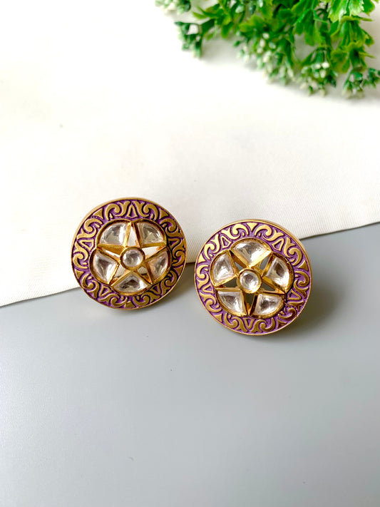 Mehira Studs by Zamal Jewels – handcrafted 22kt gold plated studs with Polki Kundan and purple hand-painted Meena