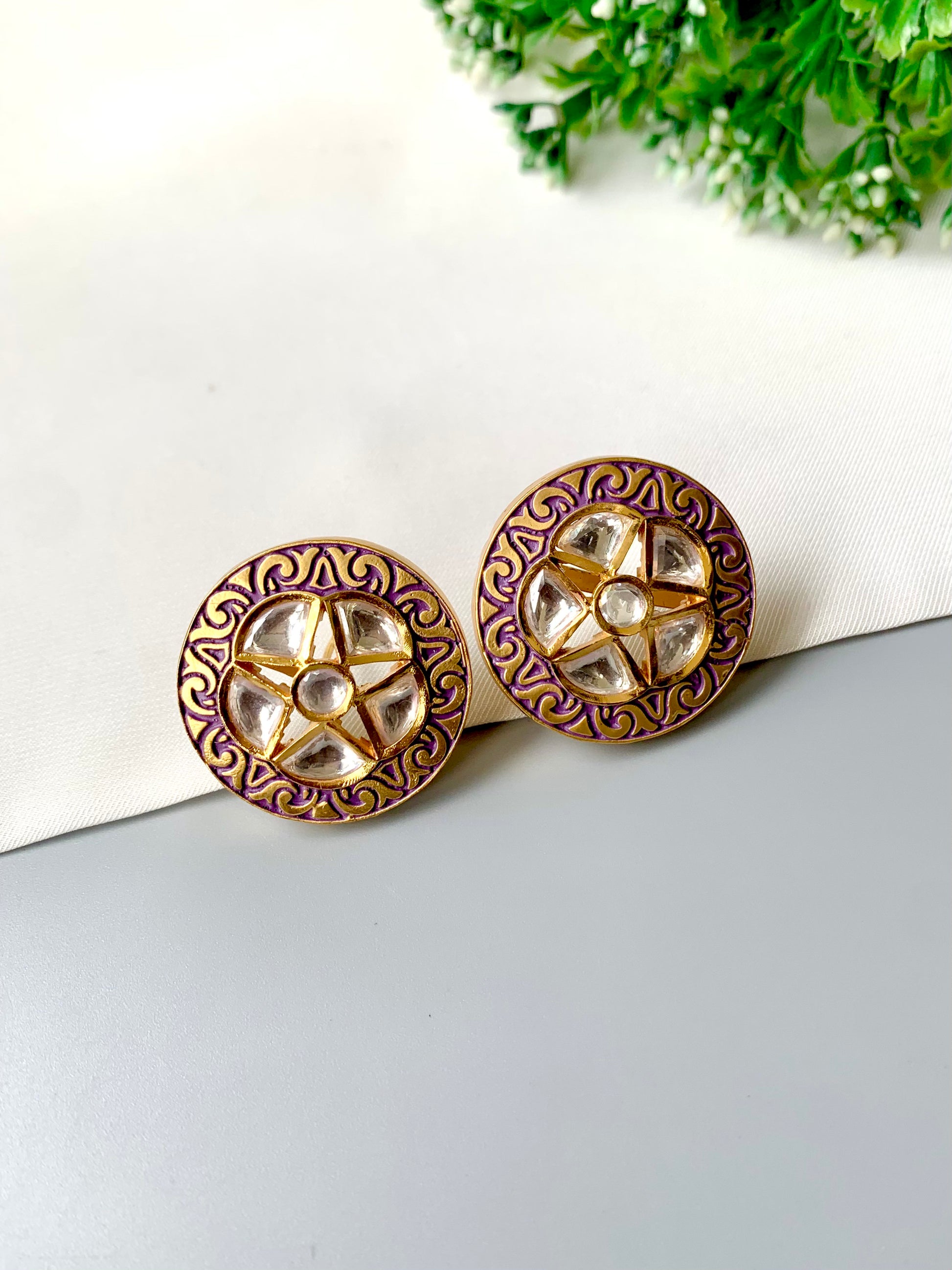 Mehira Studs by Zamal Jewels – handcrafted 22kt gold plated studs with Polki Kundan and purple hand-painted Meena