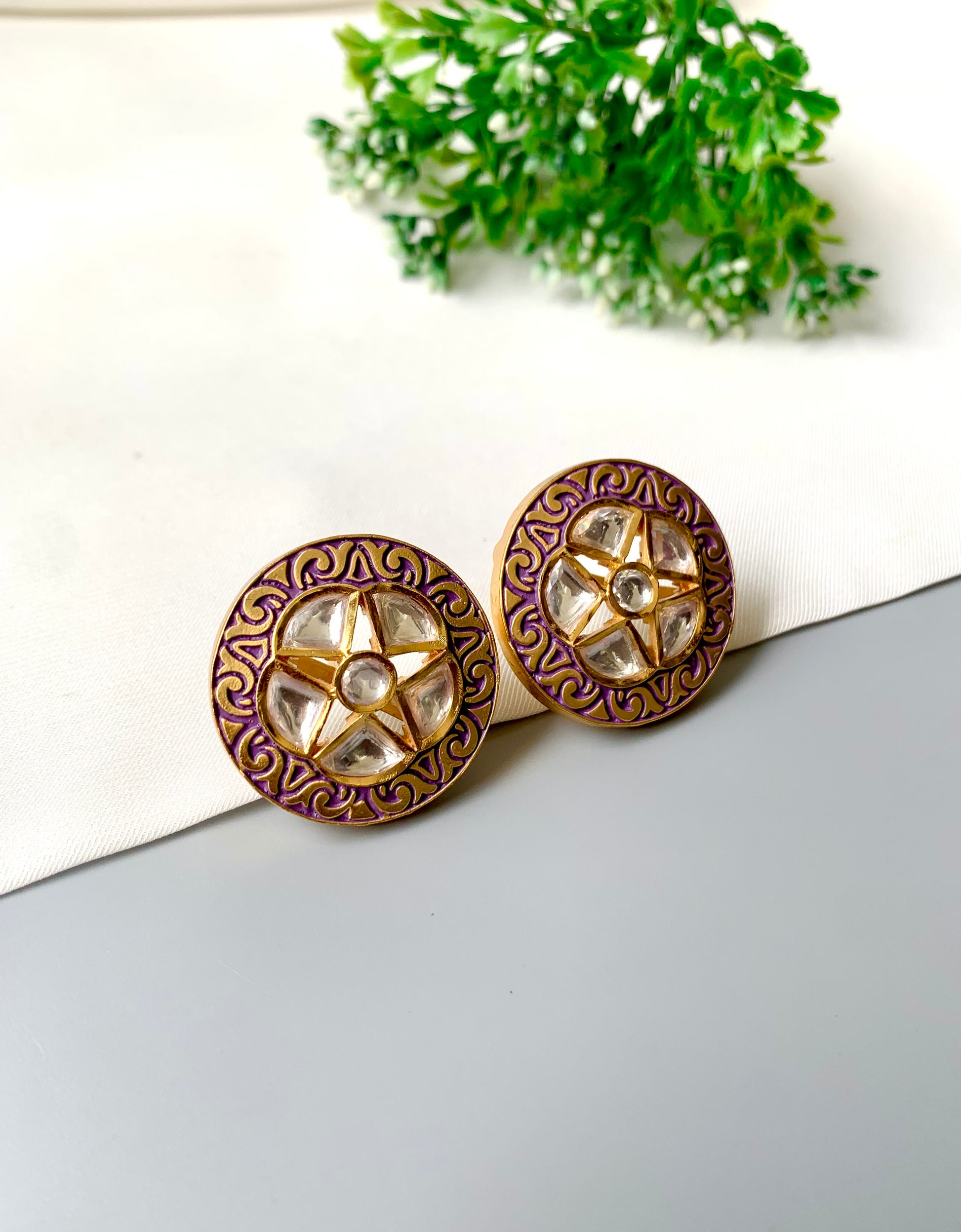 Mehira Studs by Zamal Jewels – handcrafted 22kt gold plated studs with Polki Kundan and purple hand-painted Meena