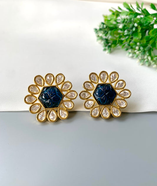 Selvera Studs by Zamal Jewels – handcrafted 22kt gold plated studs with Polki Kundan and hand-carved sapphire
