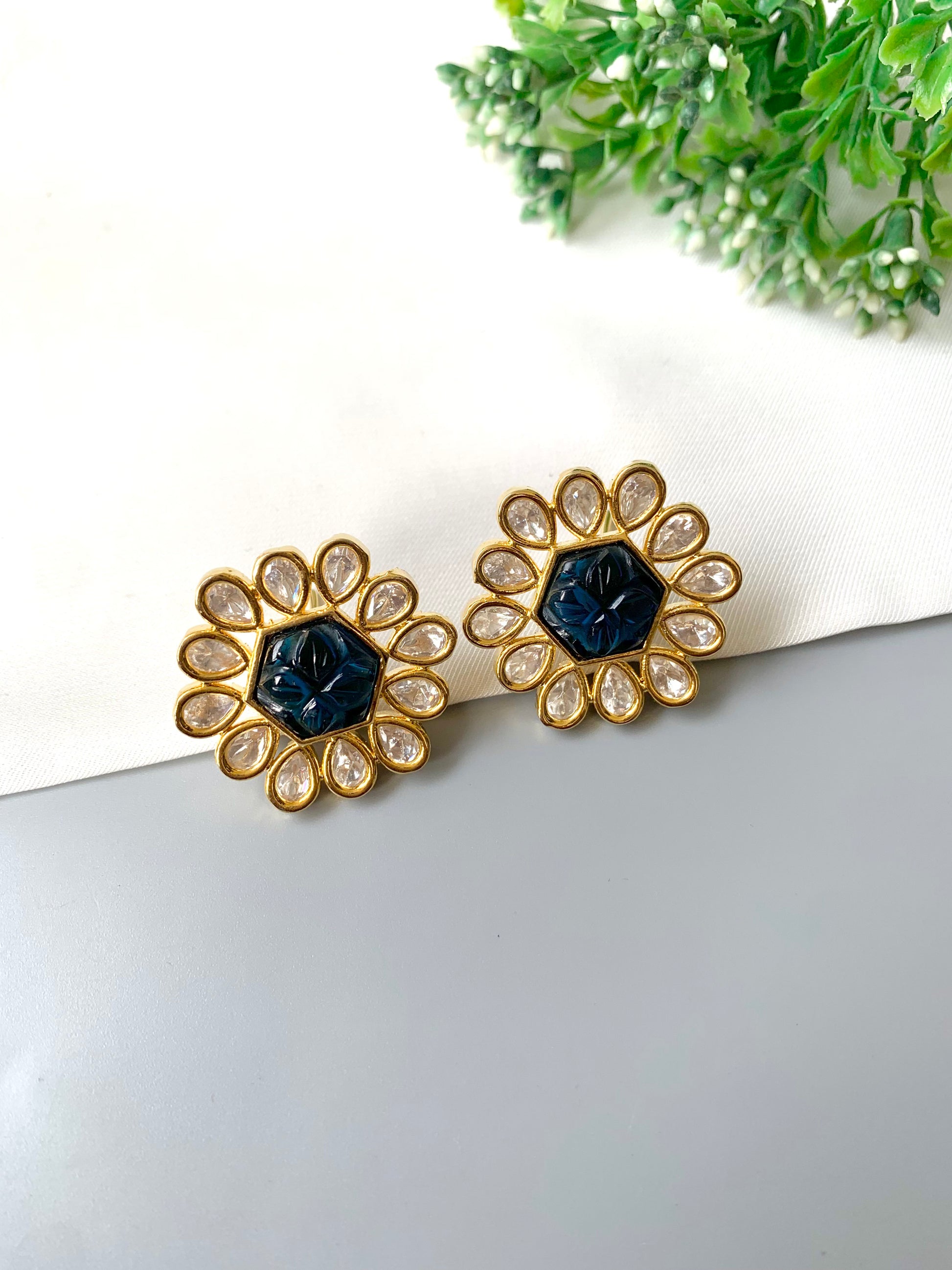 Selvera Studs by Zamal Jewels – handcrafted 22kt gold plated studs with Polki Kundan and hand-carved sapphire