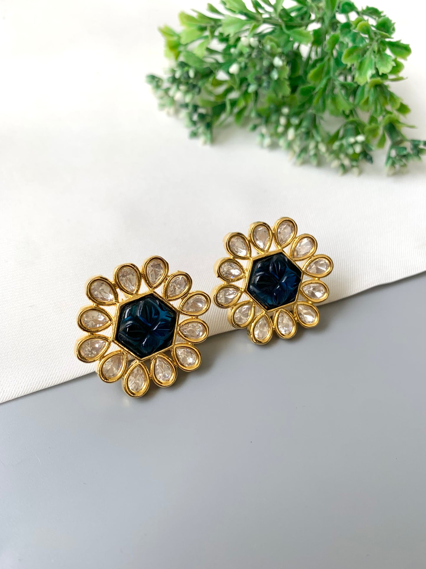 Selvera Studs by Zamal Jewels – handcrafted 22kt gold plated studs with Polki Kundan and hand-carved sapphire