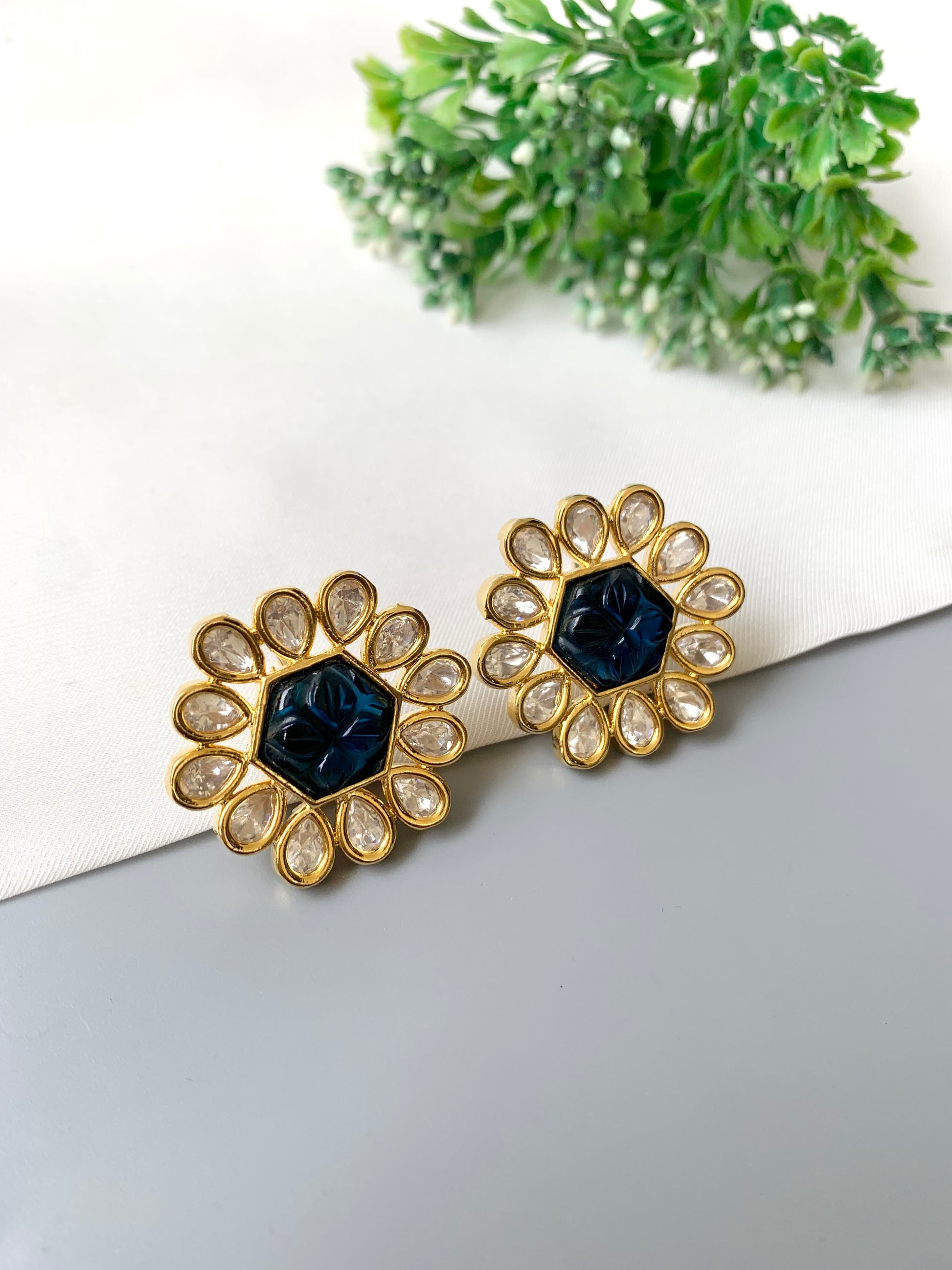 Selvera Studs by Zamal Jewels – handcrafted 22kt gold plated studs with Polki Kundan and hand-carved sapphire