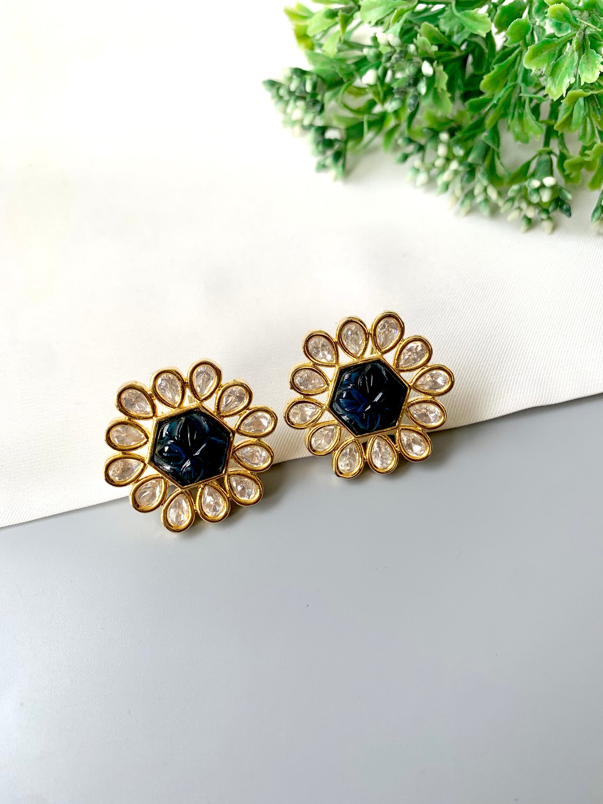 Selvera Studs by Zamal Jewels – handcrafted 22kt gold plated studs with Polki Kundan and hand-carved sapphire