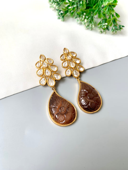 Zyara Earrings by Zamal Jewels – handcrafted 22kt gold plated earrings with Polki Kundan and hand-carved floral onyx drops