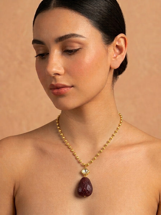 Zamiya handcrafted 22kt Gold plated long chain with Polki Kundan pendant and natural gemstones