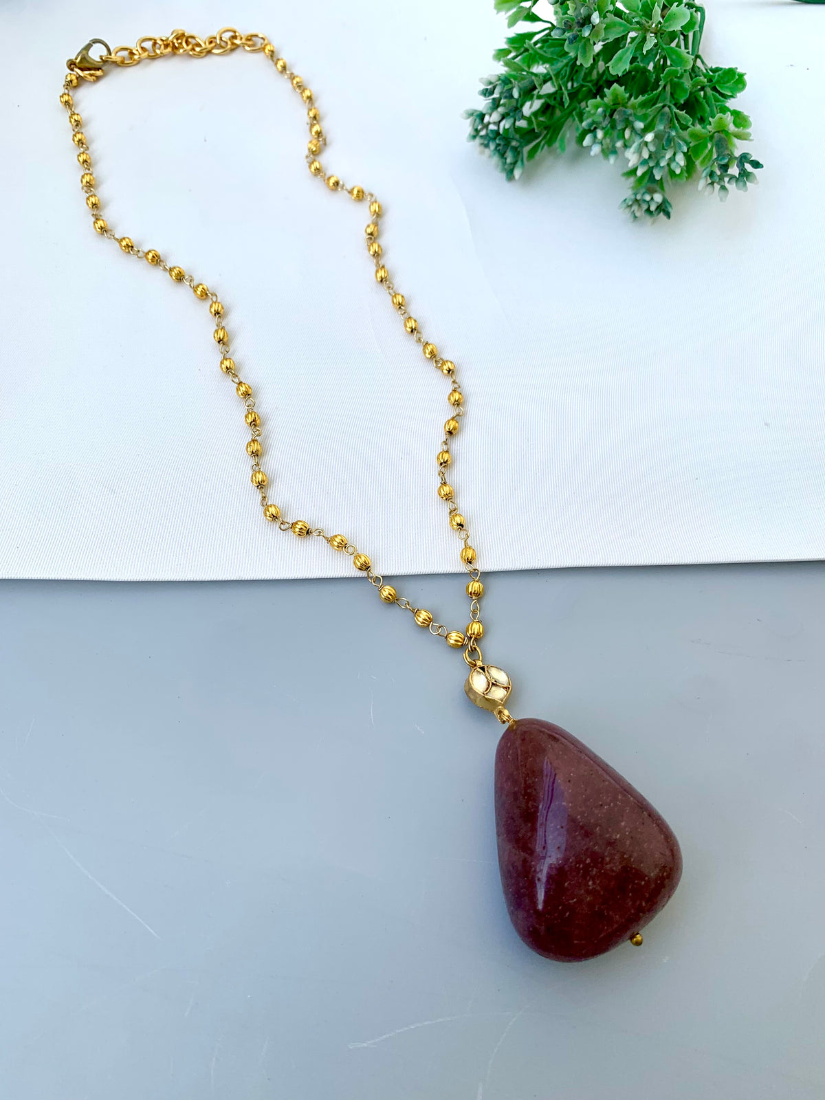 Zamiya handcrafted 22kt Gold plated long chain with Polki Kundan pendant and natural gemstones