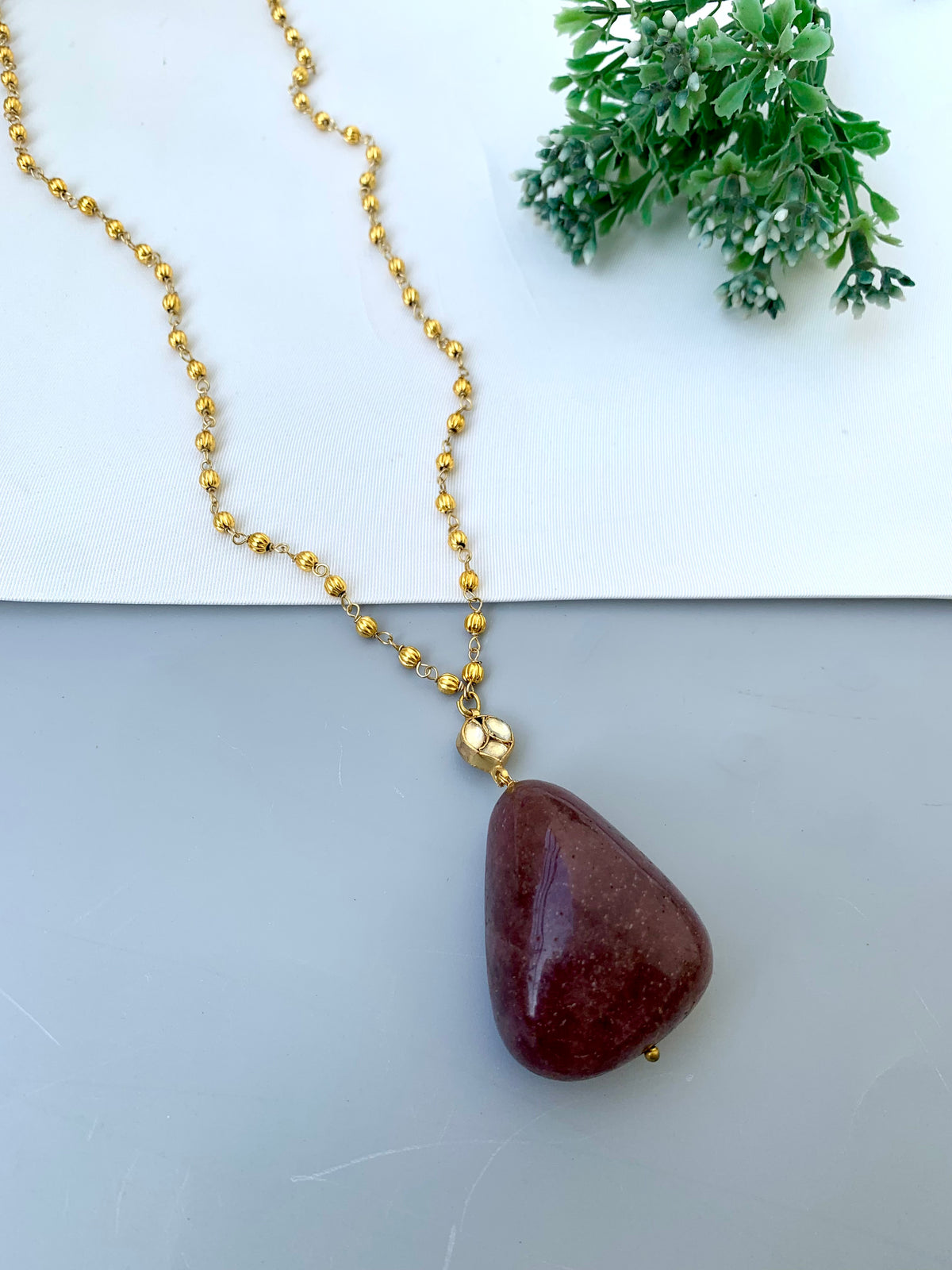 Zamiya handcrafted 22kt Gold plated long chain with Polki Kundan pendant and natural gemstones