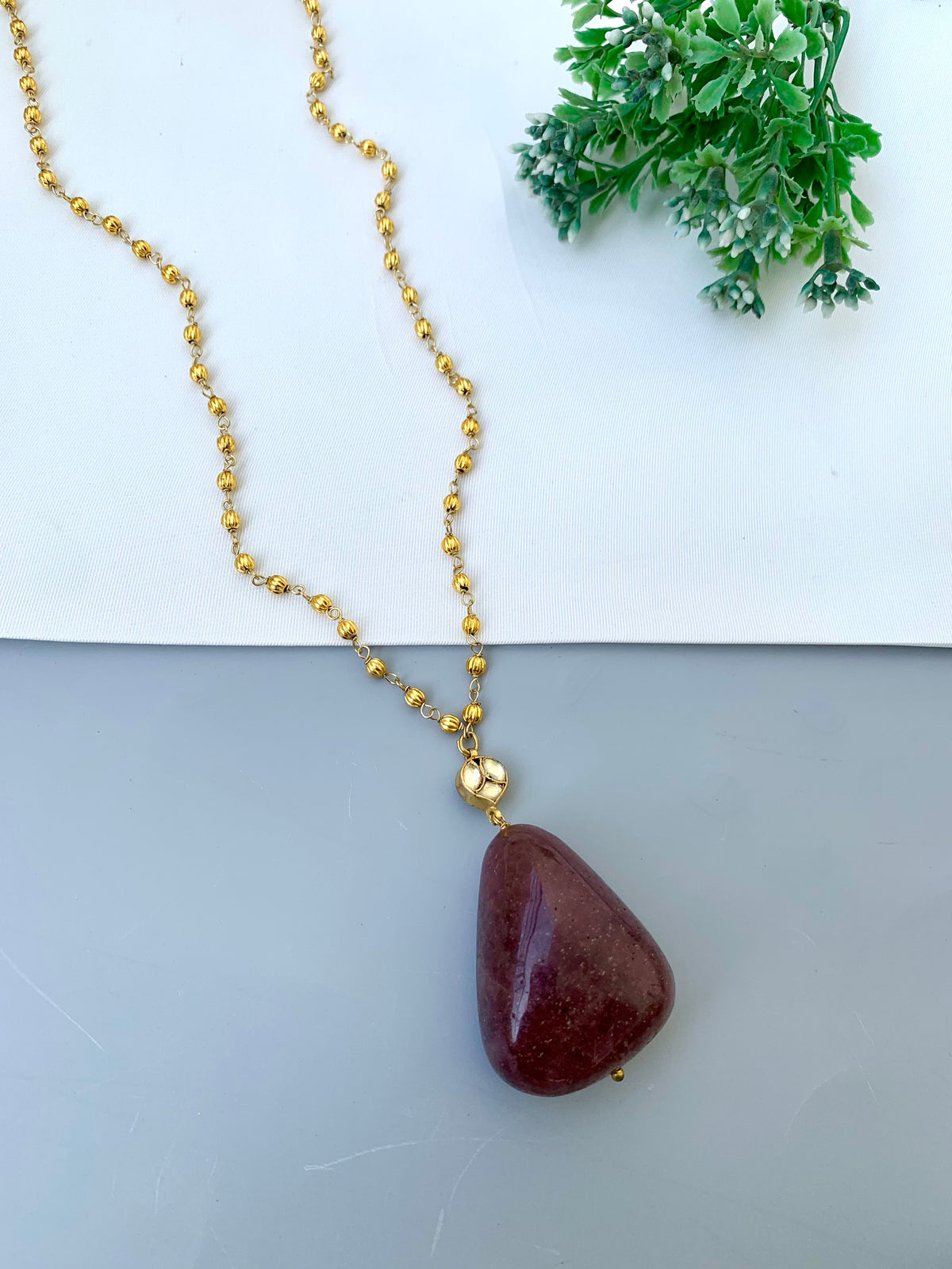 Zamiya handcrafted 22kt Gold plated long chain with Polki Kundan pendant and natural gemstones