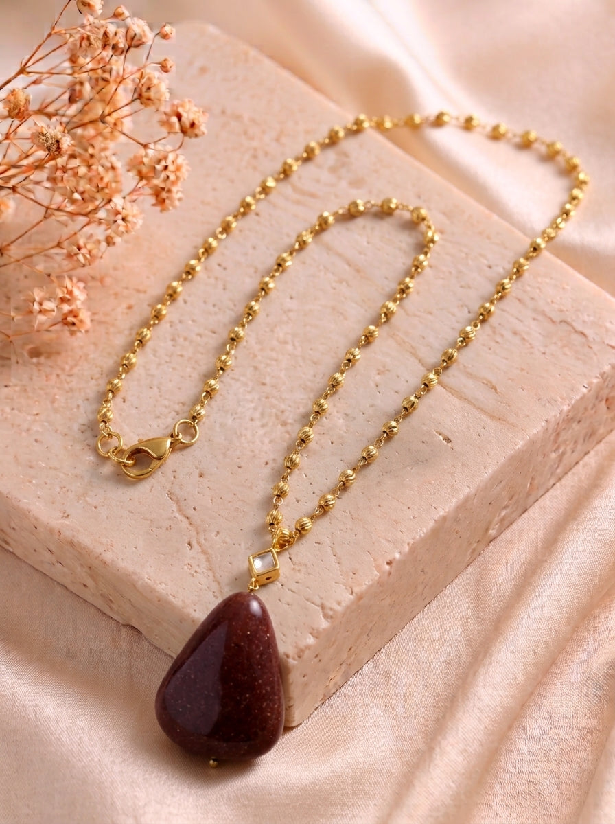 Zamiya handcrafted 22kt Gold plated long chain with Polki Kundan pendant and natural gemstones