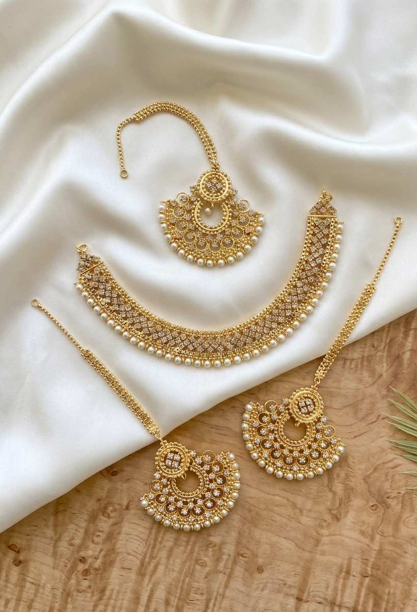 Zarmeena gold plated jewelry set with zircones crystals pearls necklace earrings and tikka
